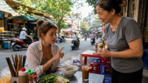 Một người phụ nữ đang trò chuyện với người bán hàng ở quán ăn vỉa hè, thưởng thức phở và trà đá.